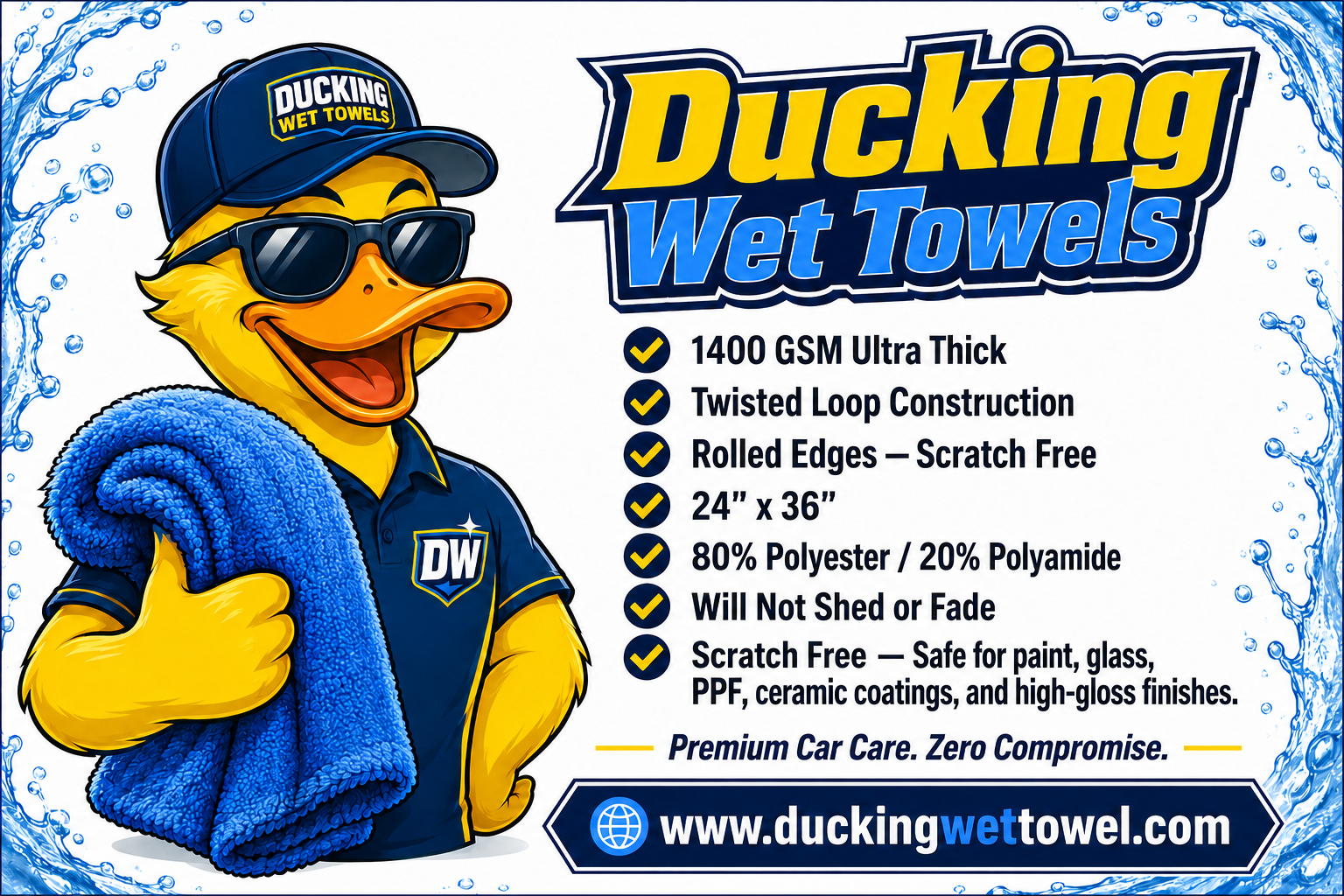 Ducking Wet Towels product spec card — the duck mascot in a 'DW' polo holding a rolled blue 1400 GSM microfiber drying towel, alongside a feature list (twisted-loop construction, scratch-free rolled edges, 24 by 36 inches, 80/20 polyester-polyamide blend, won't shed or fade)